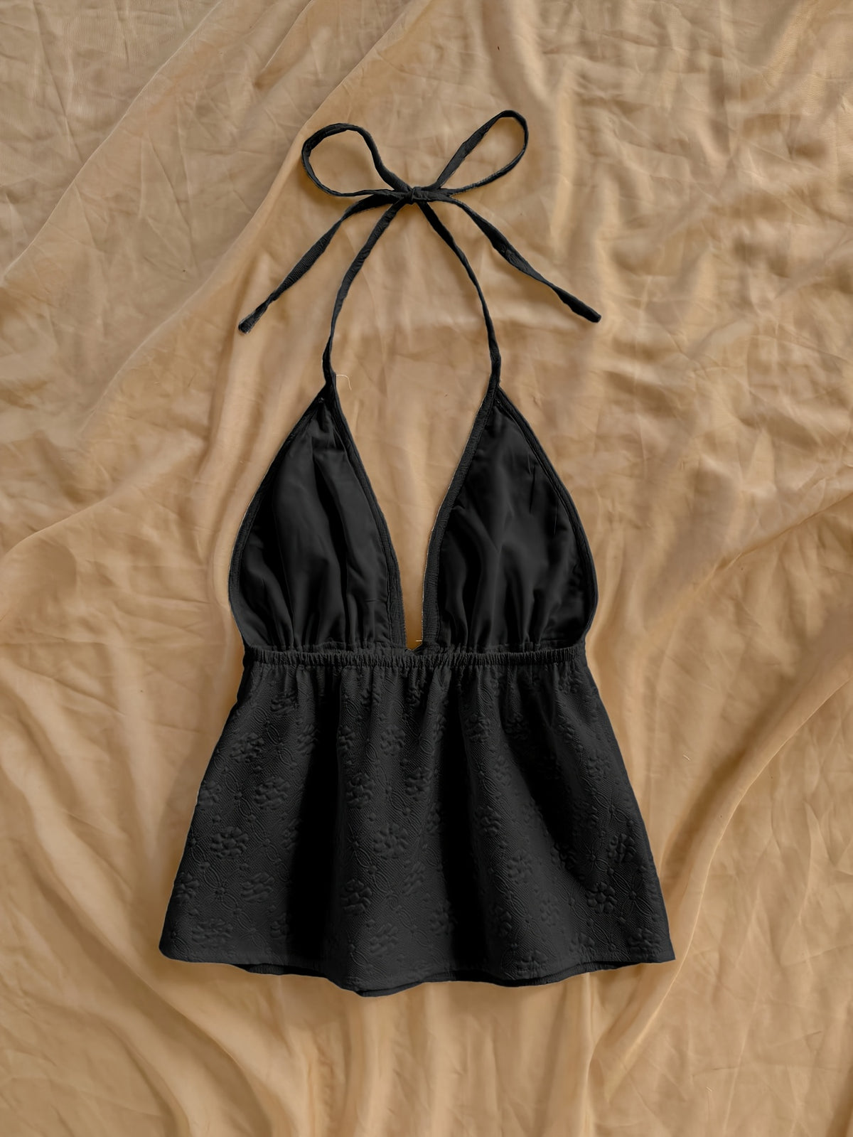 Solid Floral Texture Cute Top - Black