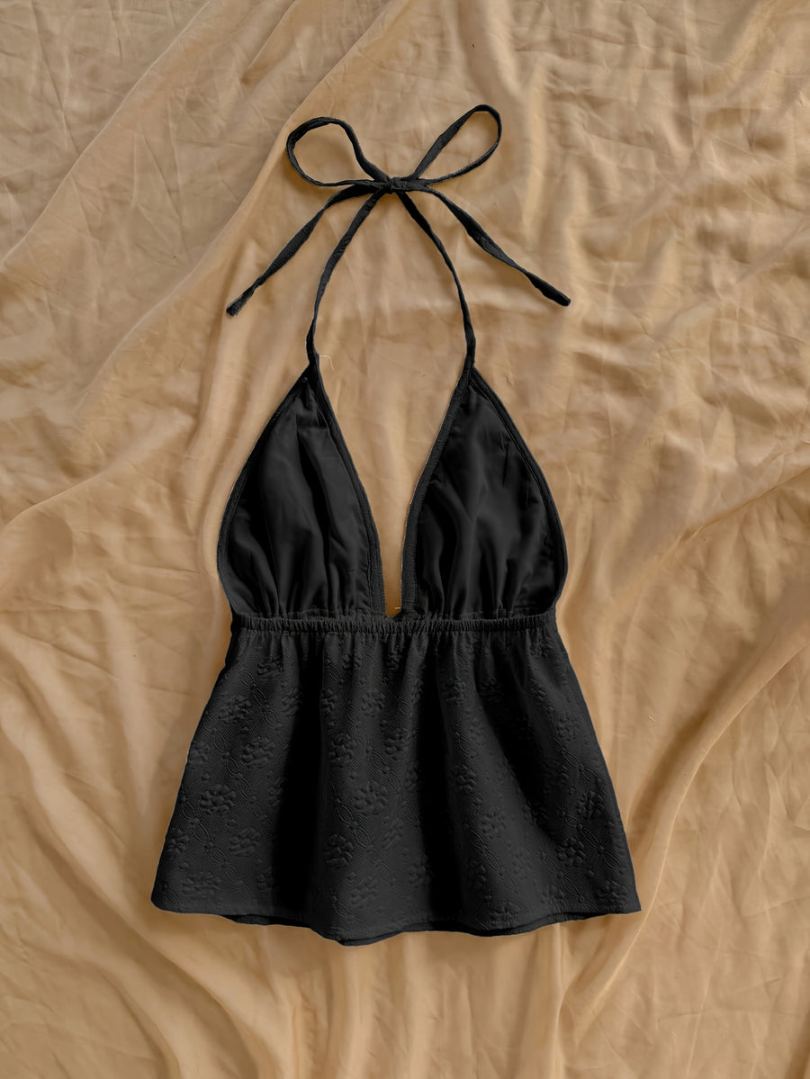 Solid Floral Texture Cute Top - Black