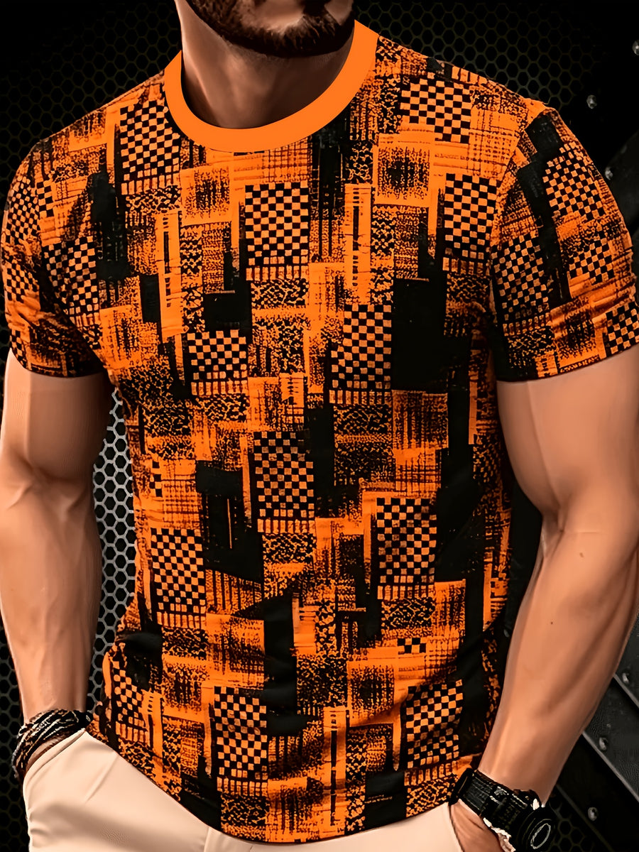 2026 Men'S All-Match Breathable Comfortable New Casual Top, Black Gray Blue Plaid Patchwork Print T-Shirt, Men'S Round Neck Short Sleeve Business Casual Top, Low-Key Premium, Plaid Patchwork, Abstract Lines, Dark Tone Texture, Daily Casual Wear - Style 2