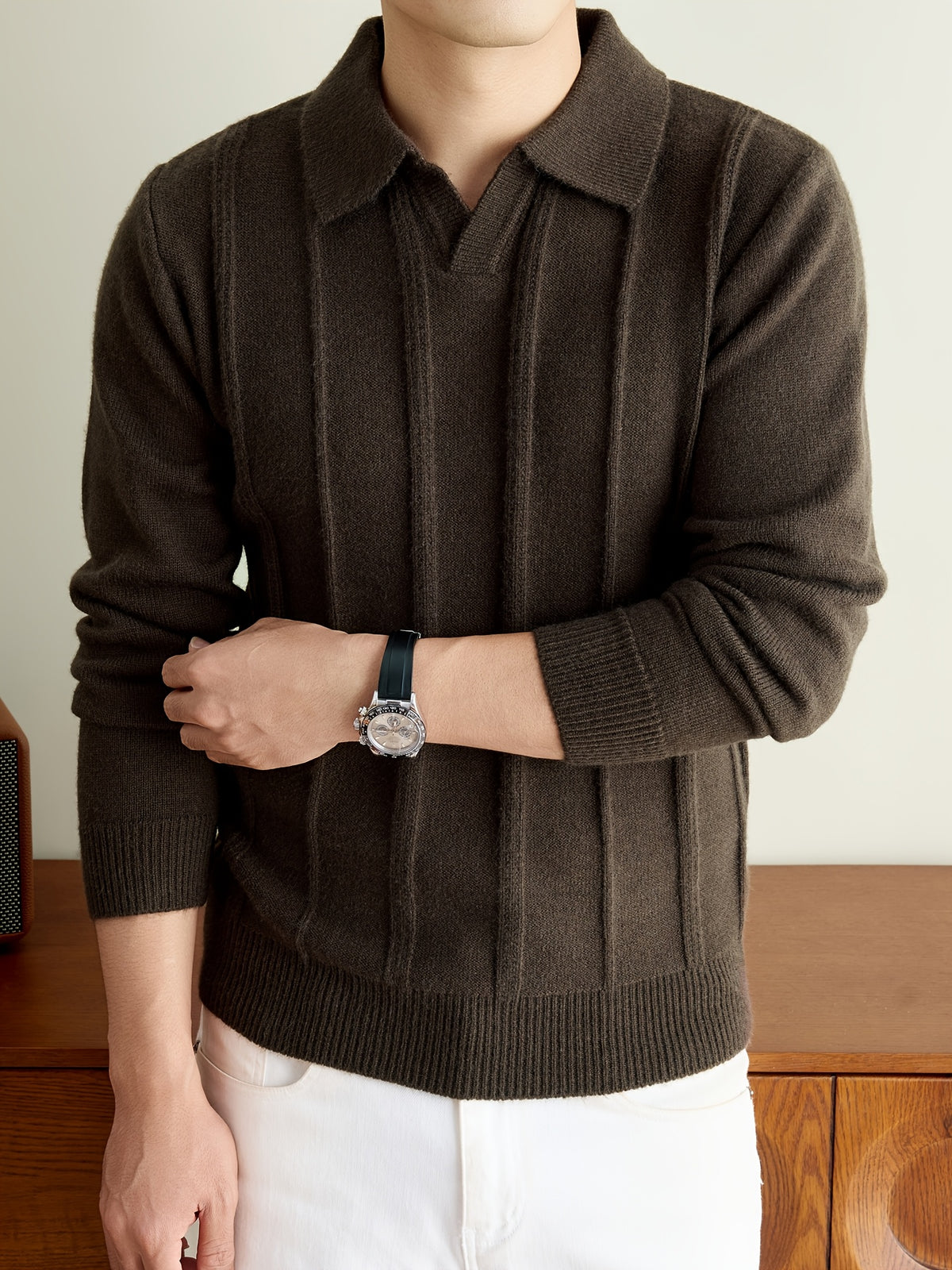 Men's Fall Winter V-Neck Buttonless Collar Knit Polo Sweater, Vertical Ribbed Long Sleeve Pullover with Ribbed Trim, Casual Top - Dark Brown