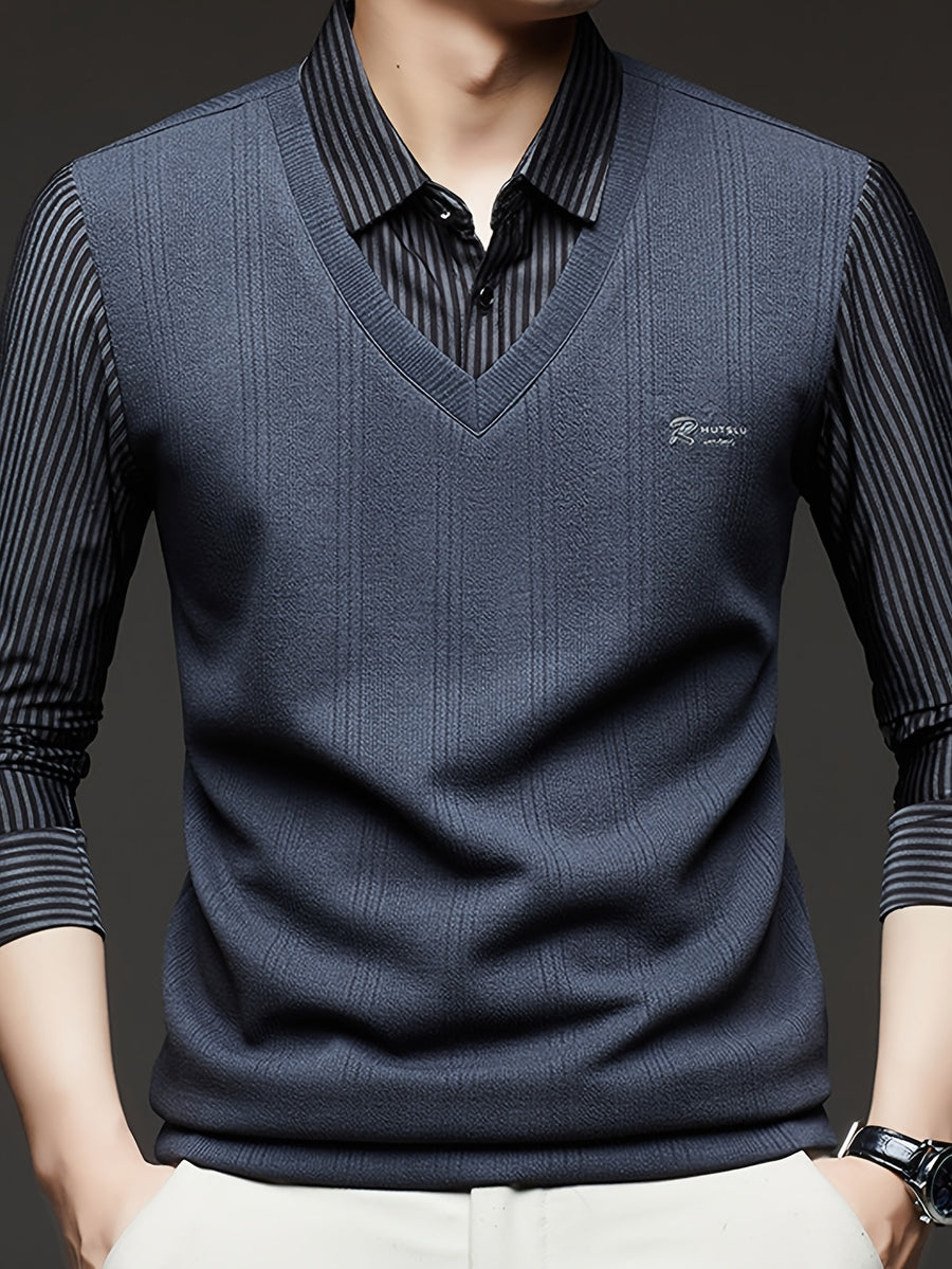 Men'S Shirt Collar Faux Two-Piece Knit Top, Turned-Up Shirt Collar, Classic Business Style, Suitable for Middle-Aged Men, Dads' Wear. - SINBOS - Grey