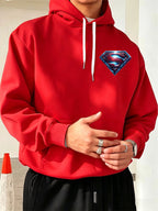 Warner Bros. Official Light and Shadow Superman S-Logo Printed Hooded Sweatshirt — Unisex Loose Pullover, Suitable for Casual, Sports, and Daily Wear, Machine Washable and Warm, for Autumn and Winter - Red