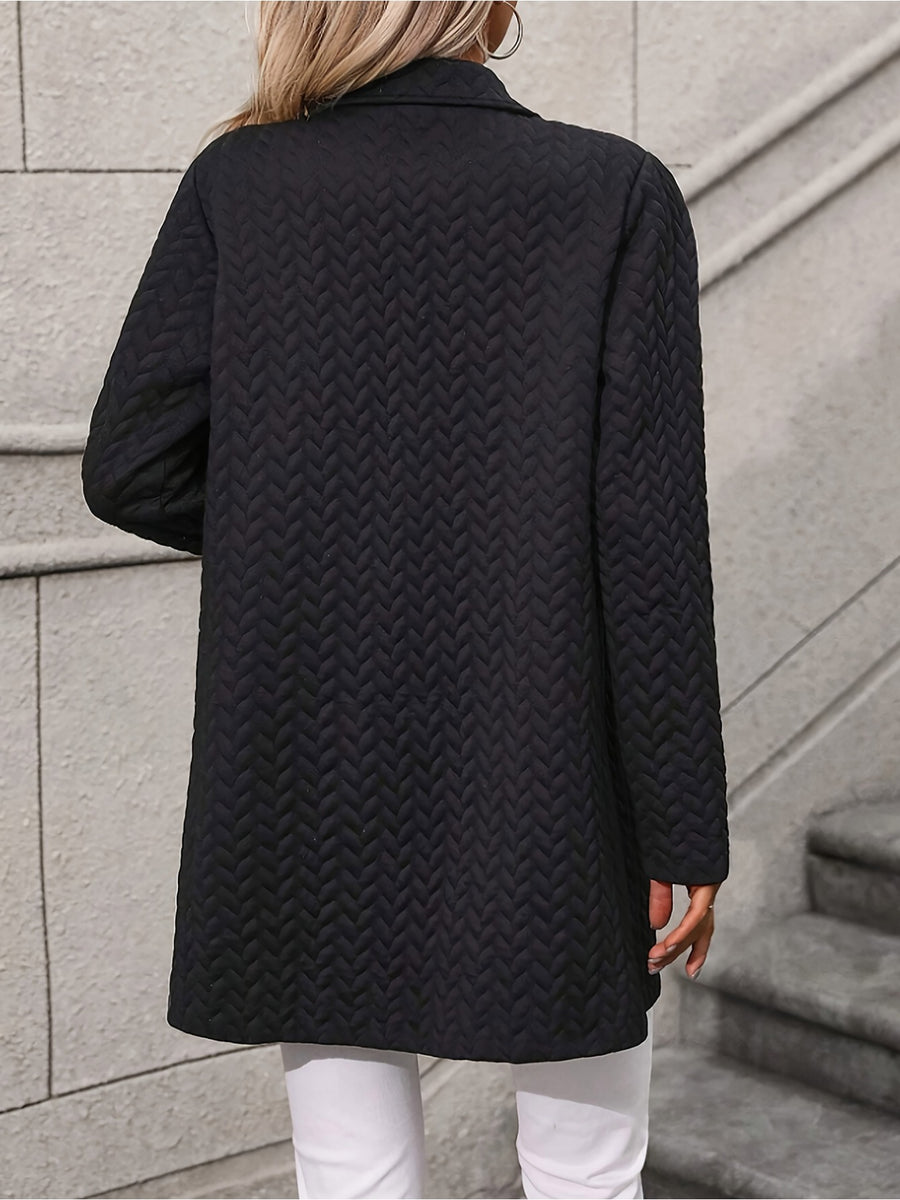 Fashion Women'S Herringbone Quilted Blazer, Black Mid-Length Double-Breasted Long Sleeve Coat, Versatile Outerwear for Work, Parties, And Weekend Outings - Black