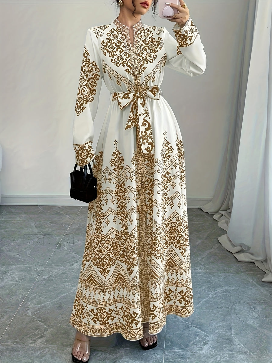 Retro Ethnic Style Long-Sleeve Printed Dress with Ties, Featuring an Elegant Long Design - Khaki