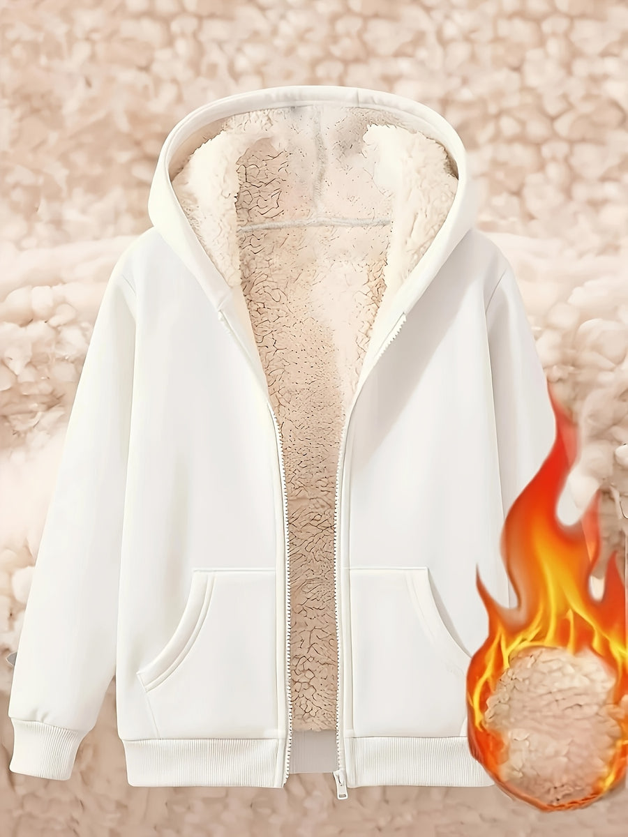 [Autumn Winter] Women'S Autumn Winter New Casual Warm Winter Fleece Hooded Sweatshirt Jacket - White