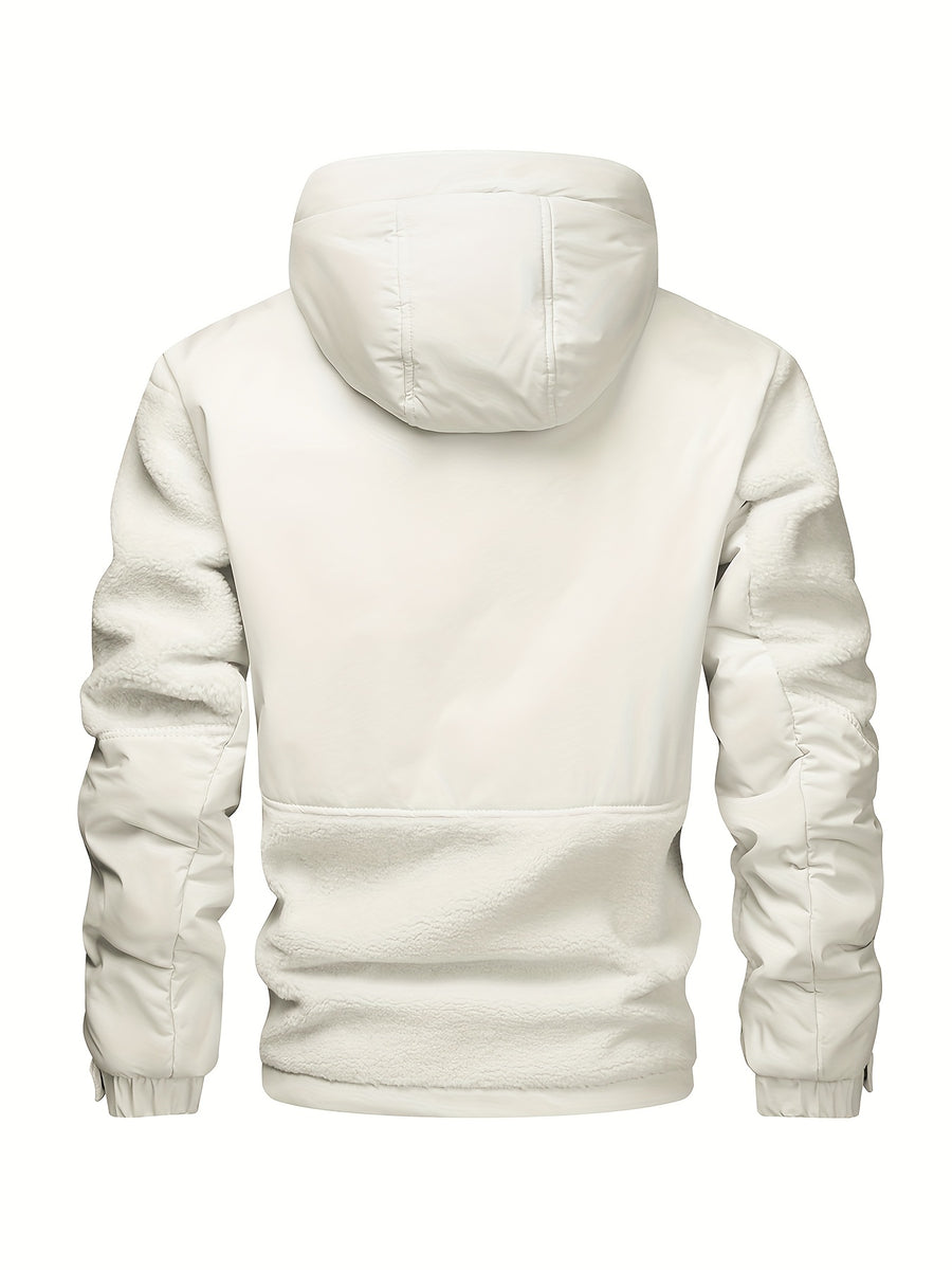 Puffy Hooded Workwear Jacket for Men New Winter Style with Color-Blocked Panels Large Pockets, Machine-Washable Quilted Lining for Warmth Casual Winter Coat - Milky