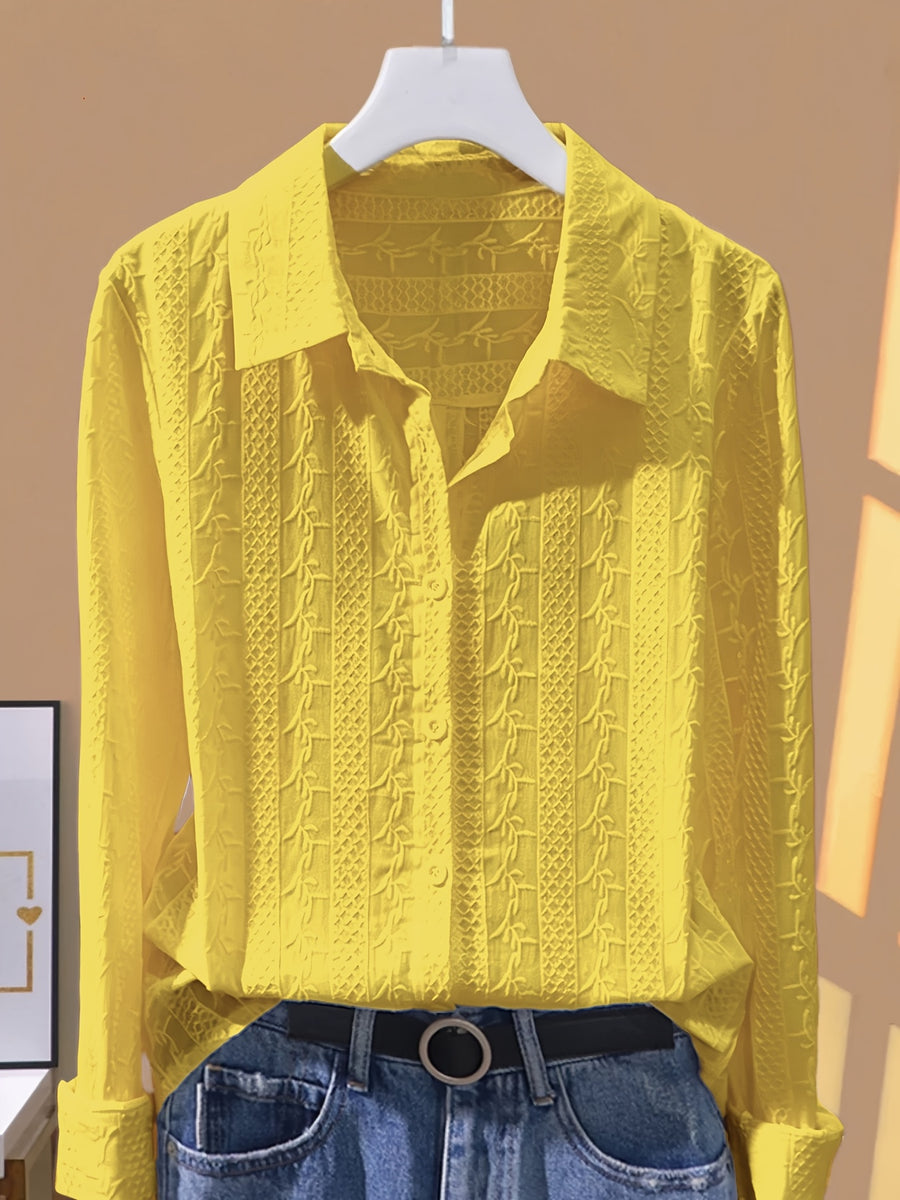 Fashionable and Versatile Polo Collar Shirt for Women, New Spring/Autumn Casual Simple Embroidered Base Layer Top - Yellow