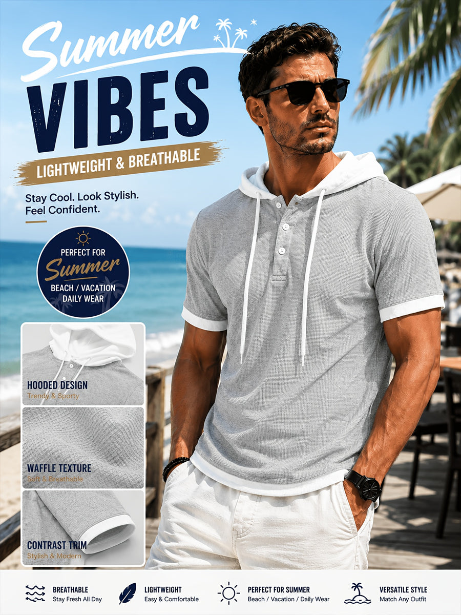 [Qiaoximei Obm] Summer Men'S High-Quality Waffle-Gore Hooded Short Sleeve T-Shirt - Individual Fashion Statement with Special Design Texture Fabric, Adjustable Drawstring And Buttons, Suitable for Gym Fitness Wear - Grey