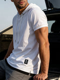 Summer Short-Sleeve Hooded Sport T-Shirt, Casual Fashion Versatile Style Men's Top,  Trendy 2-in-1 Look Hem, Drawstring Hooded Short-Sleeve Design - White