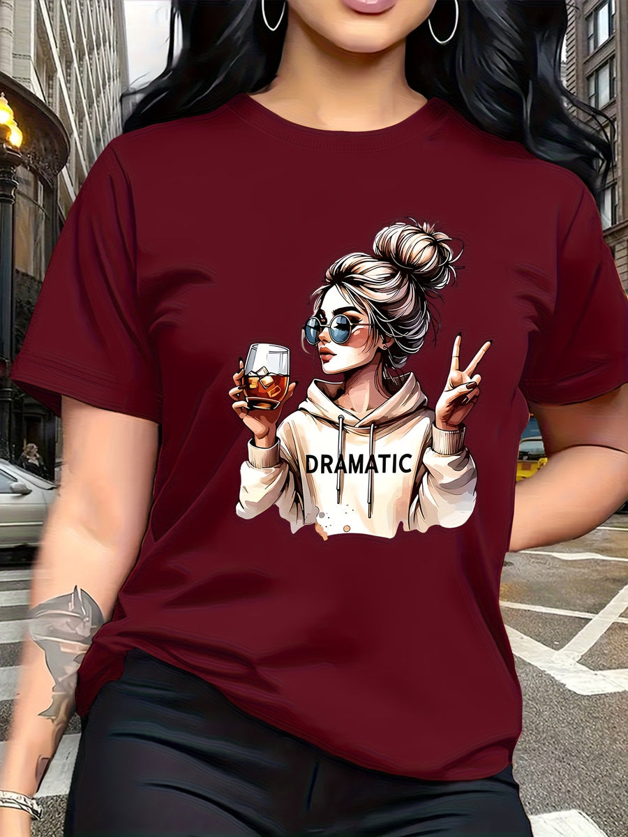 Street-style Trendy Art Print Featuring a Woman with a Bun Hairstyle and Fashion Glasses Holding a Red Wine Glass. Simple Round-neck Casual Versatile Short-sleeve Women's T-shirt, Suitable for Leisure, Travel, Vacation, and Other. 11643 - Red