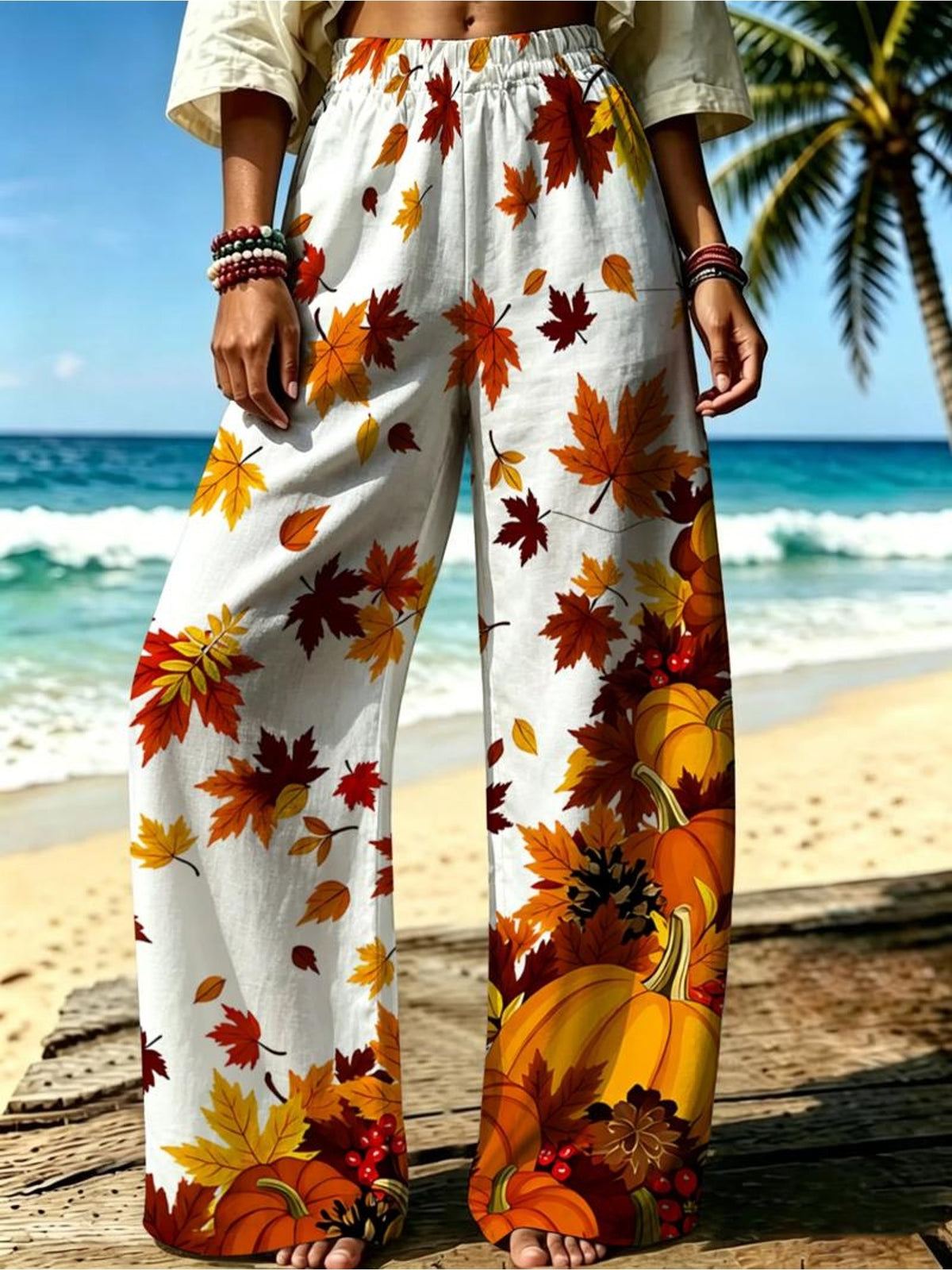 Women's Wide-Leg Trousers with Autumn Maple Leaf & Pumpkin Print - Loose-Fit Casual Pants Suitable for Fall Outfits, Machine Washable Style for Vacation, Daily Wear, Shopping (No Elastic Comfortable Wide Pants) - Mixed colors