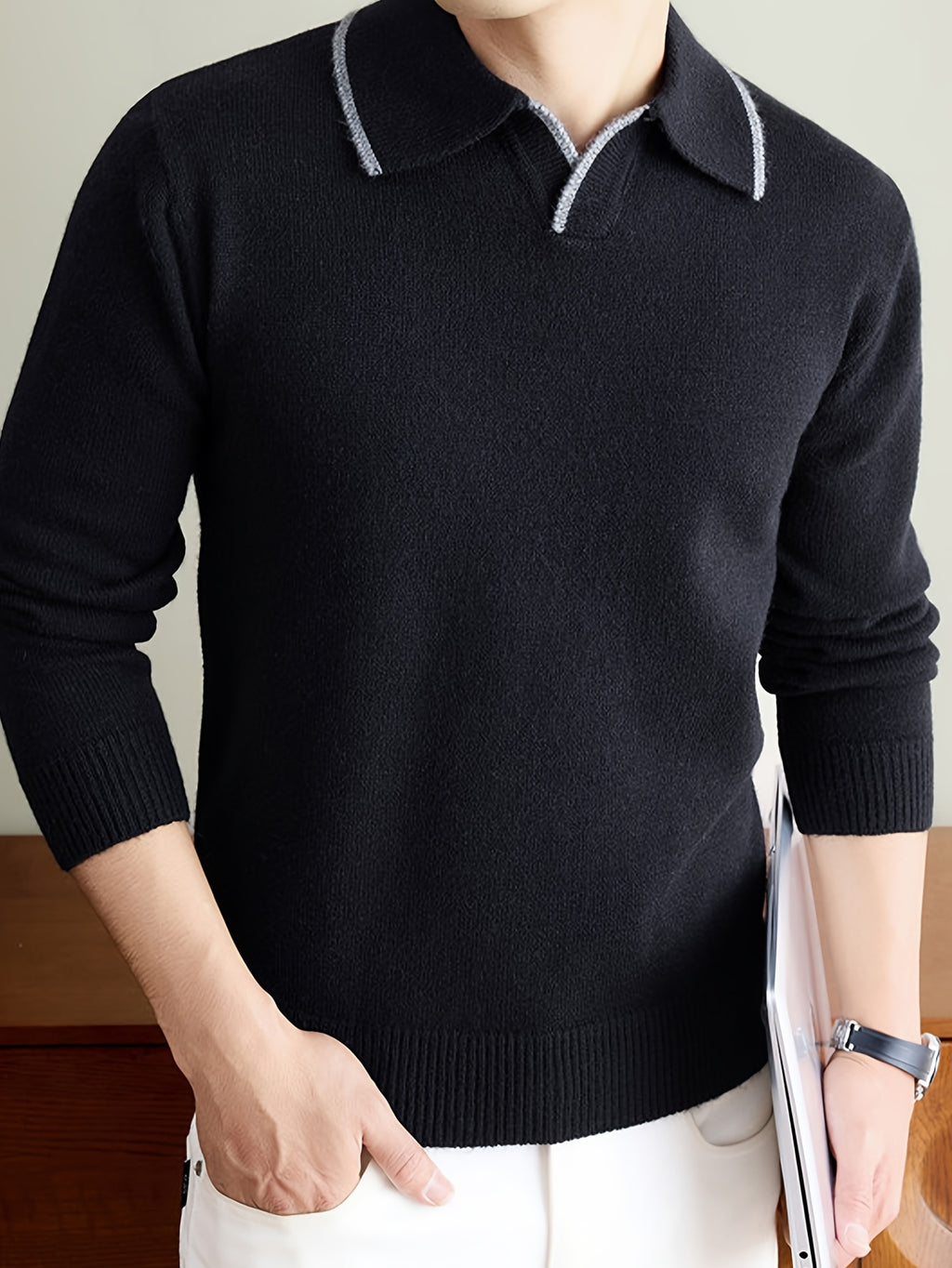 Men'S Color-Block Trimmed Lapel Long Sleeve Knit Sweater, Ribbed Cuffs And Hem, Versatile for Casual And Business Casual Wear - Black