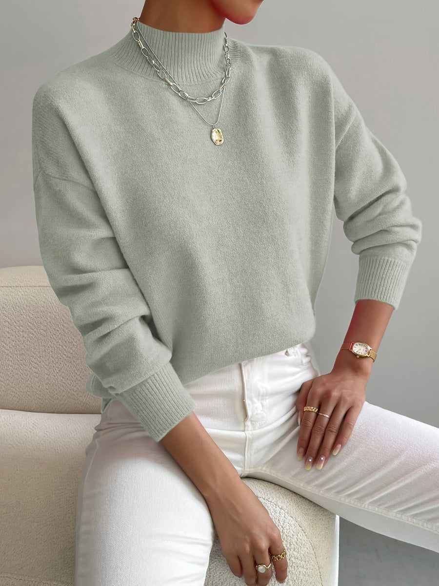 Women's Solid Color Elegant Mock Neck Long Sleeve Drop Shoulder Pullover Sweater - Light Green