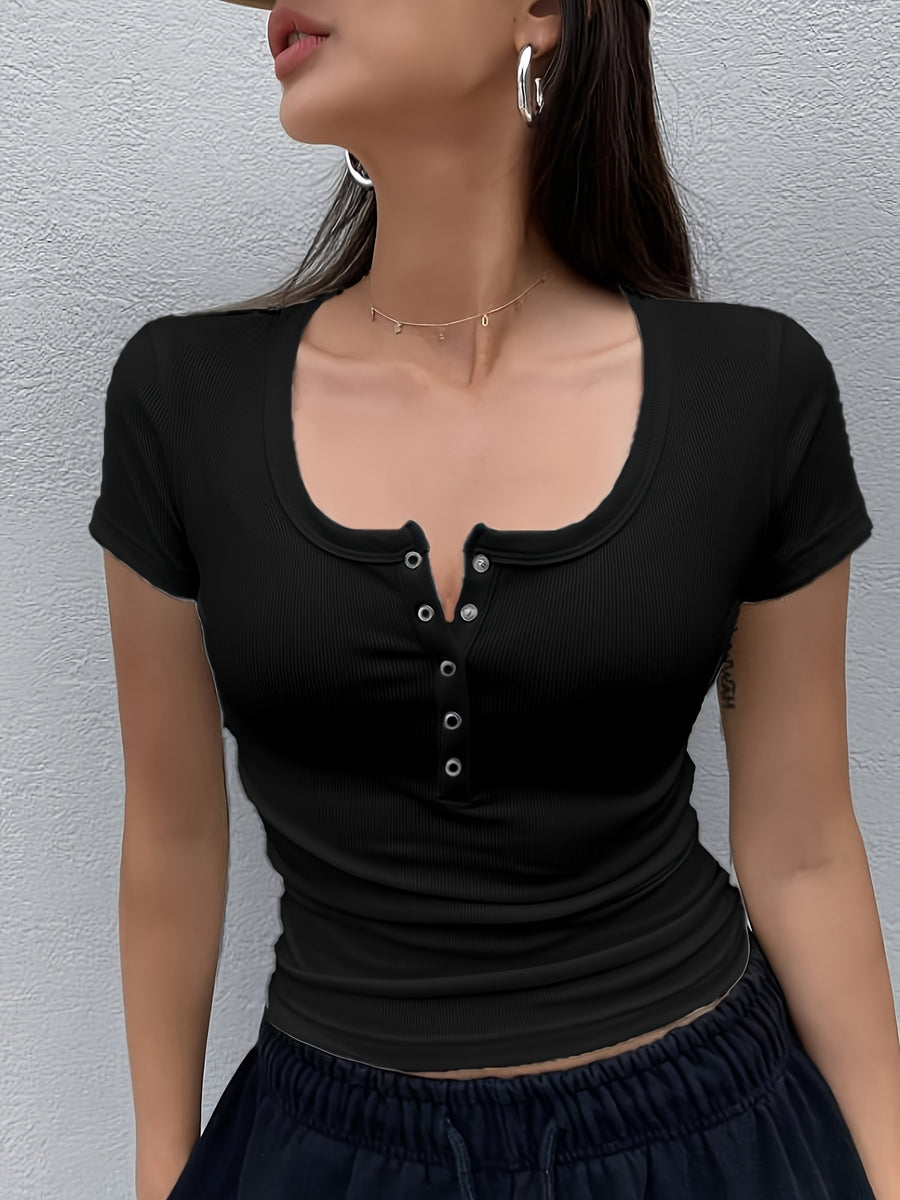 Women's Solid Color Low-Neck Short Sleeve - Black