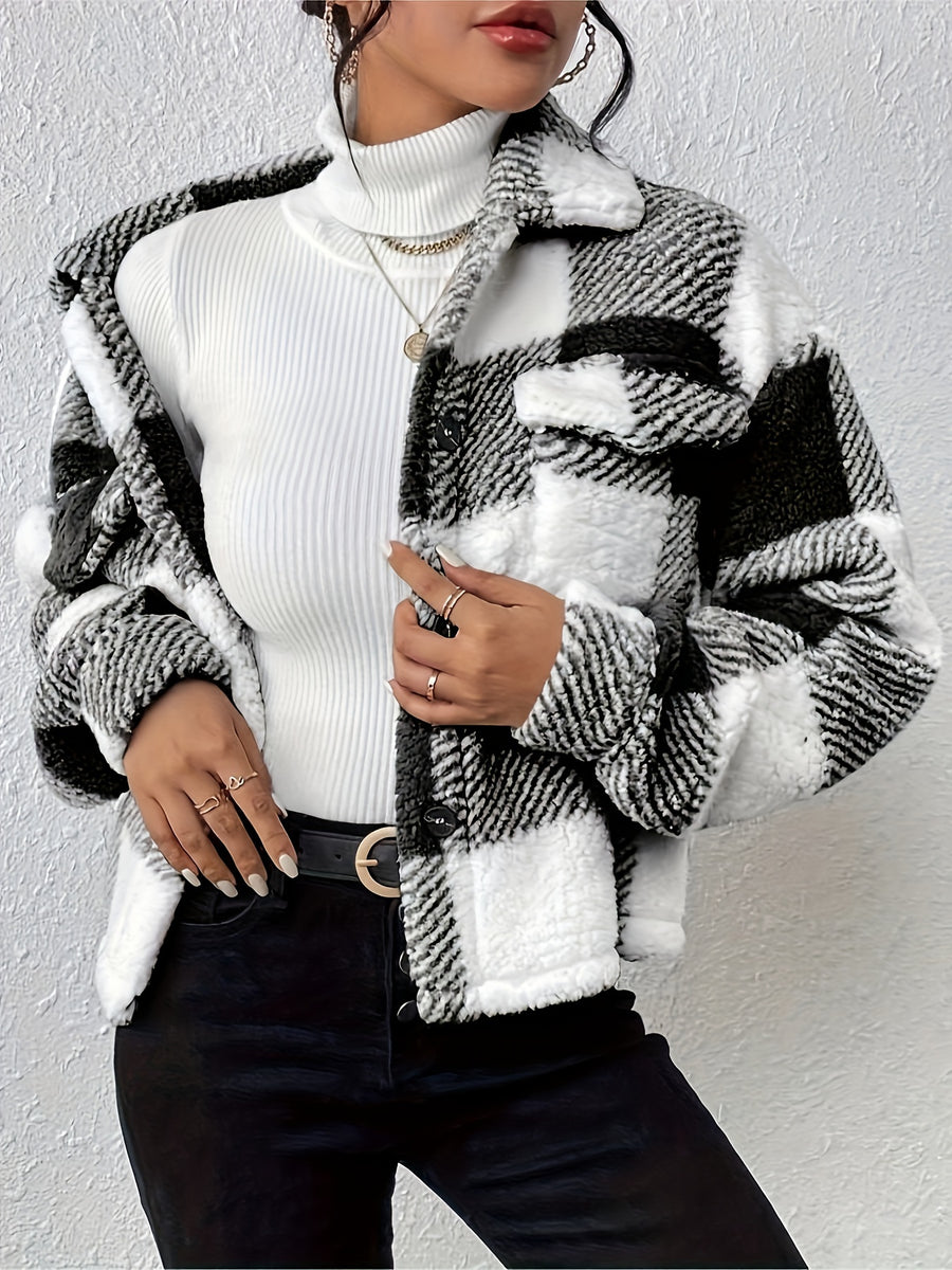 Women's Casual Plaid Lapel Jacket - Black