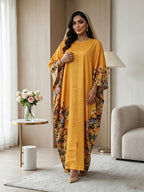 1pc Floral Print Crew Neck Abaya, Elegant Batwing Sleeve Split Maxi Dress, Women'S Clothing Maxi Abaya Dress Modest Prayer Dress for Muslim Women | Batwing Sleeves And Elegant Swing Hem for Everyday Outings And Travel Outfits - Yellow