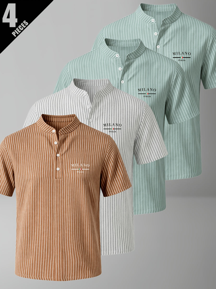 4pcs Men'S Summer Striped Linen Blend Henley Shirts, Milan Print Stand Collar Breathable Short Sleeve, Office Casual Versatile Top - Mixed Colors 17