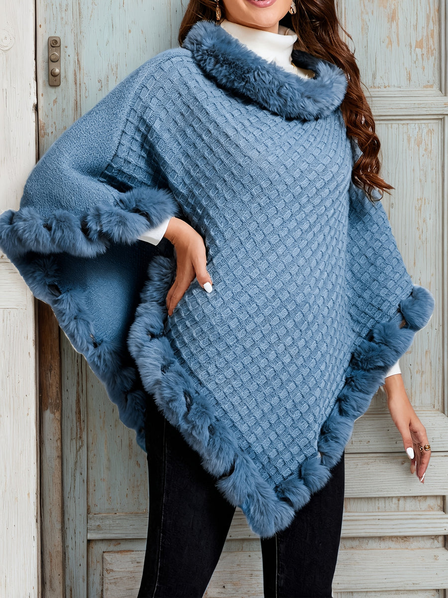 Elegant Special Edition "Pure Body Bust" - 1pc Elegant Women's Solid Color Waffle Shawl Pullover, 100% Polyester Fiber, Faux Trim Collar Patchwork, Stylish and Elegant European/American Style Warm Pullover, Suitable for Autumn/Winter - Blue