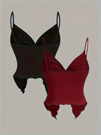 Women's Y2K Sexy Backless Top, Deep Red/Black Solid Color Twist Pleat Design, 4-Season Versatile Vest Set of 2pcs - Mixed colors