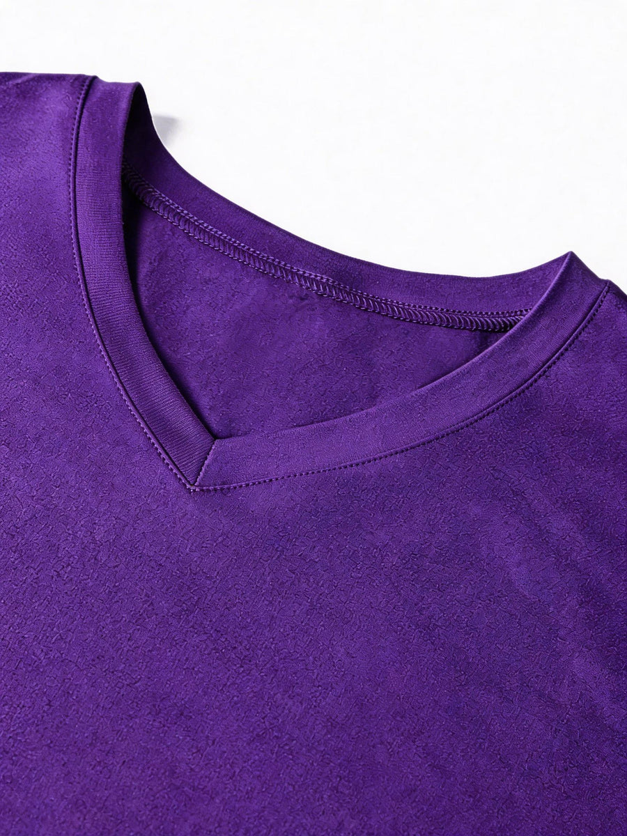 [180G 100C] Men'S V-Neck T-Shirt Solid Color Short Sleeve Top Casual Base Layer, "CALIFORNIA" Letter Print, Men'S All-Season Daily Wear, Father'S Day Gift, Back-To-School Season, Date Night, Designed Clothing - Purple
