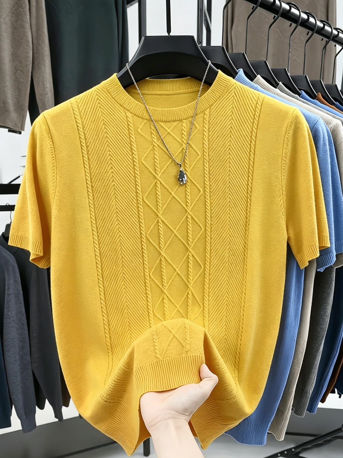 New Men S Solid Diamond-pattern Crew Neck Knit Short Sleeve Top for Casual & Sport Looks, Wearable in Spring, Fall and Winter as Standalone Outfit or Base Layer. Ultra-soft High-grade Fabric, Safe to Wear Next to Skin. - Yellowish-brown