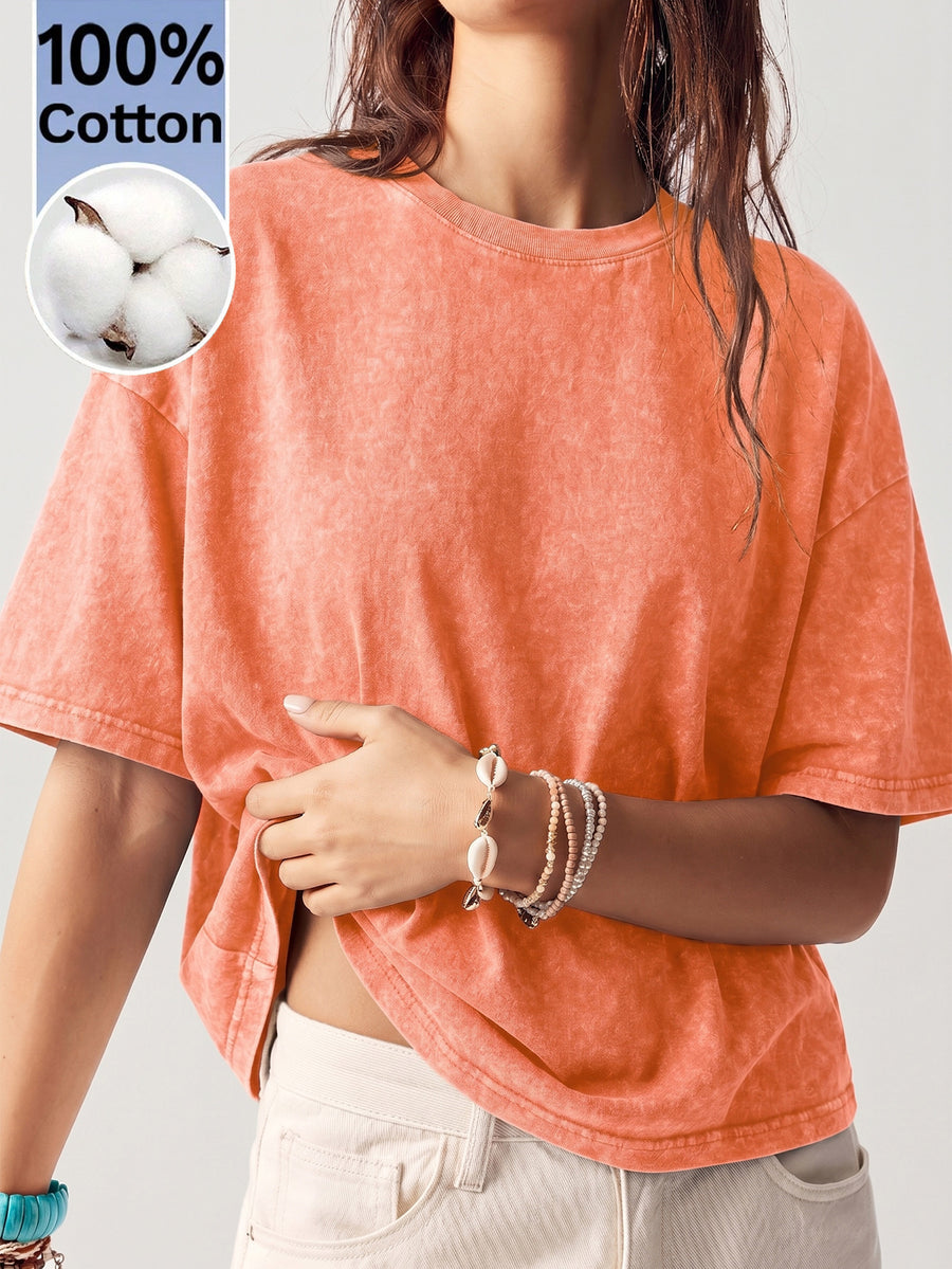 Women's Retro-style Drop-shoulder Loose-fitting Solid Color Pure Washed T-shirt, Fashionable and Casual Short-sleeved Top, Suitable for Everyday Casual Wear, Street Style. - Papaya Orange