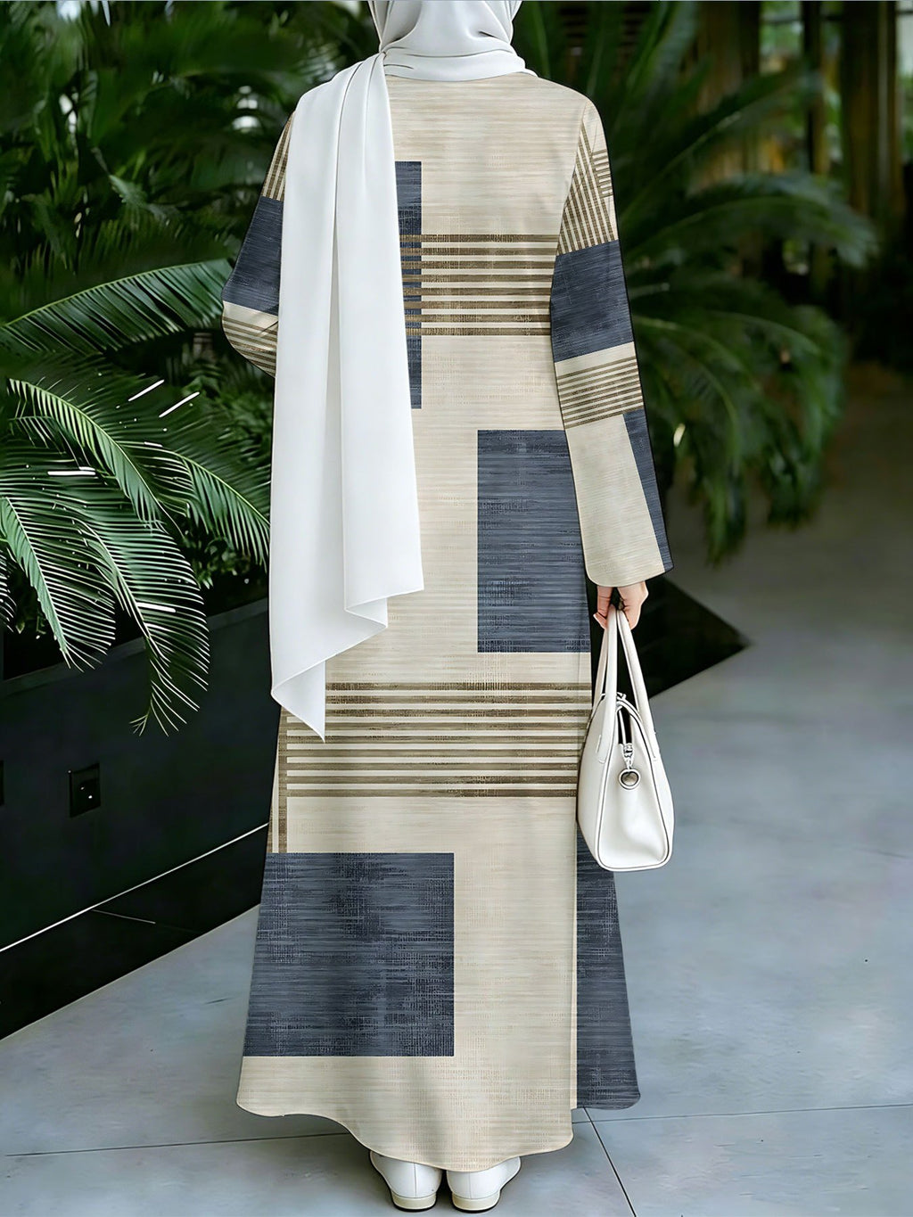 1pc 2D Flat Geometric Color Block Stripes Muslim Dress Women'S Loose-Fitting Long-Sleeved Printed Robe - Daily Commuting & Home Wear - Eid Festival Attire Abayas - Mixed colors