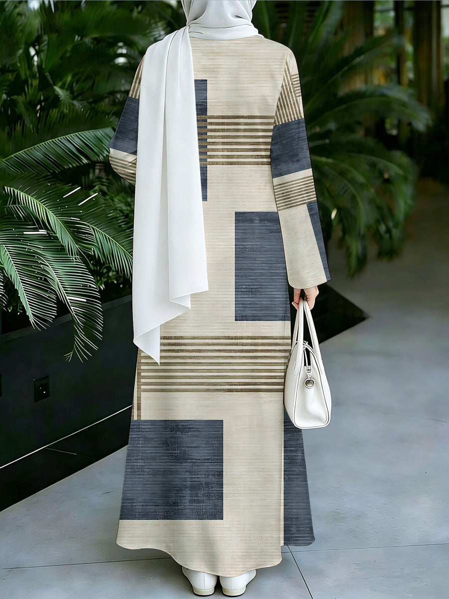 1pc 2D Flat Geometric Color Block Stripes Muslim Dress Women'S Loose-Fitting Long-Sleeved Printed Robe - Daily Commuting & Home Wear - Eid Festival Attire Abayas - Mixed colors