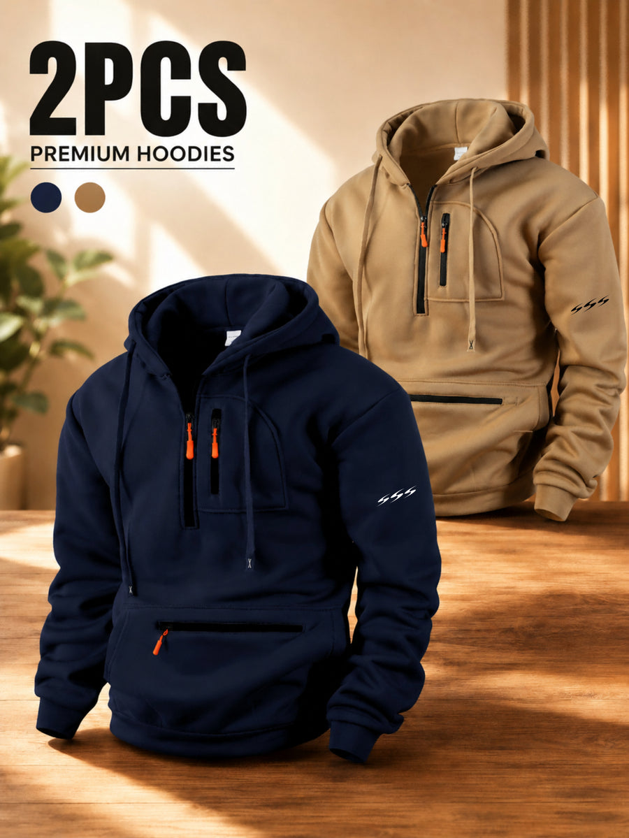 Men'S Hoodie with Multi-Zipper Pockets, Minimalist Graphic Print Casual Style Autumn Winter Wear 2pcs Set - Navy Blue+Khaki