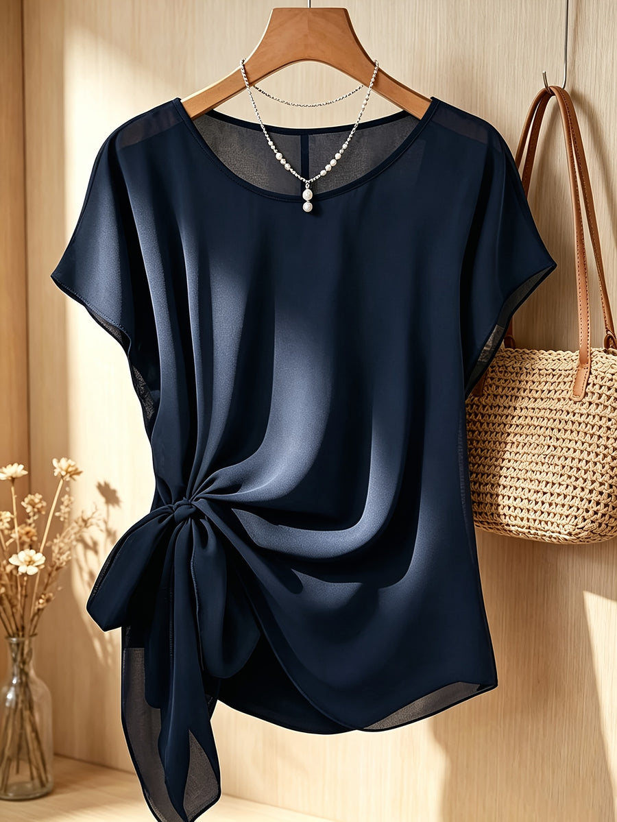 Spring Summer Women'S Fashion Ruffled Waist-Cinching Irregular Hem Temperament Elegant Style Chiffon Short Sleeve Top - Navy Color