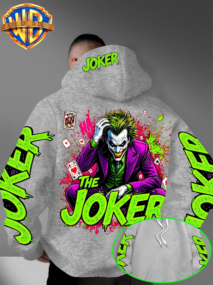 Authorized by Warner Bros., Featuring Colorful Graffiti And Ink Splattered Joker JOKER Poker Prints, Hat Design Patterns, Versatile Street Style Men'S Hooded Sweatshirt, Comfortable And Casual, Suitable for Autumn And Winter Wear - Light Grey