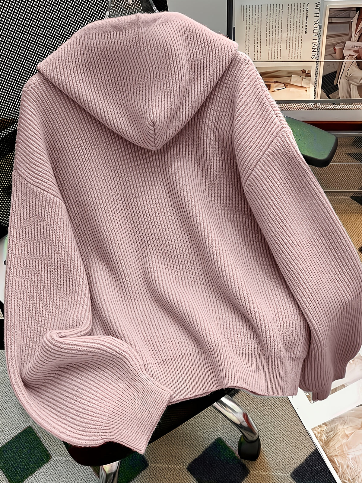 Autumn And Winter Hooded Cardigan, Solid Color Casual Easy Button-Up Sweater, Soft And Comfortable Elegant Women'S Clothing - Pink Color
