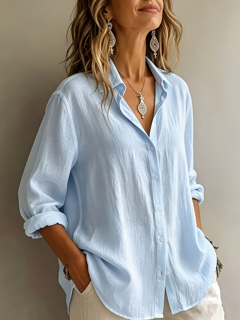Ladies' Fashionable And Elegant Vacation Shirt, Casual, Versatile, Loose-Fitting Commuter Top, Wilderness Orienteering - Light Blue