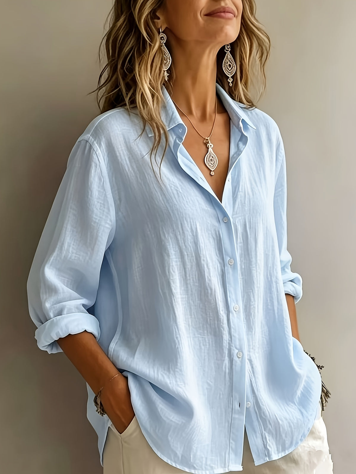 Ladies' Fashionable And Elegant Vacation Shirt, Casual, Versatile, Loose-Fitting Commuter Top, Wilderness Orienteering - Light Blue