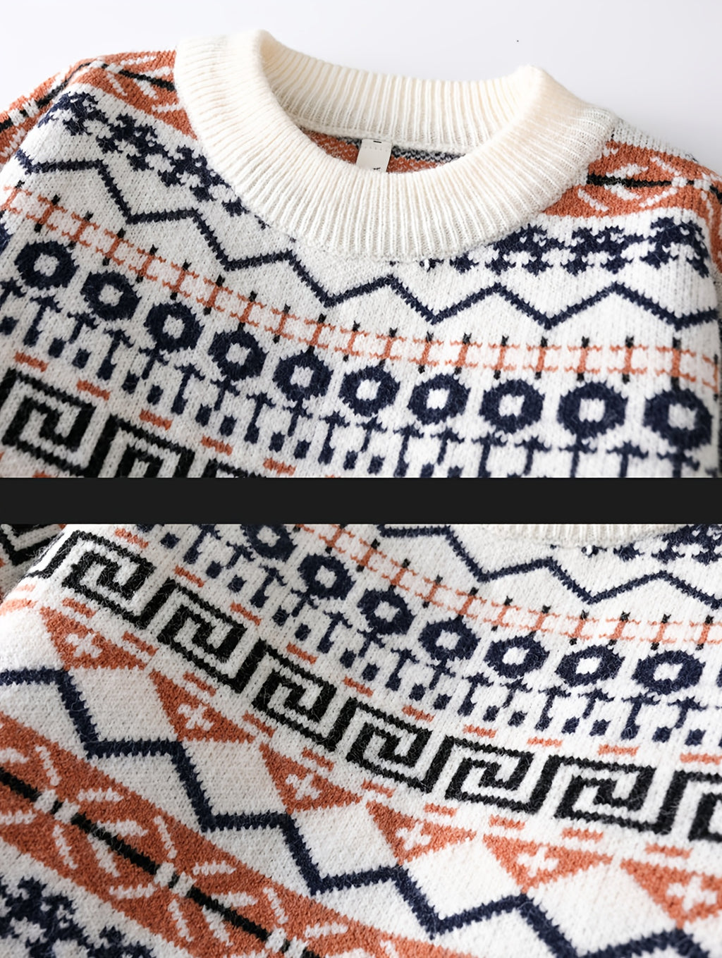 Autumn/Winter Men's Vintage Jacquard Knit Sweater with Ethnic Style Geometric Rhombus Pattern, Crew Neck Pullover, Casual and Trendy Regular Fit for Daily Outerwear or Base Layer - Black