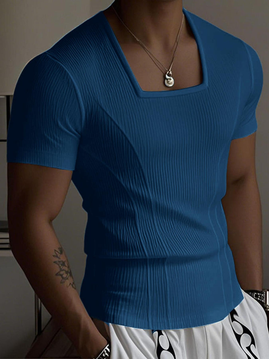 INCERUN Men Square Neck T-Shirt Short Sleeve Basic Tops Holiday Casual Solid Color Tops - Blue