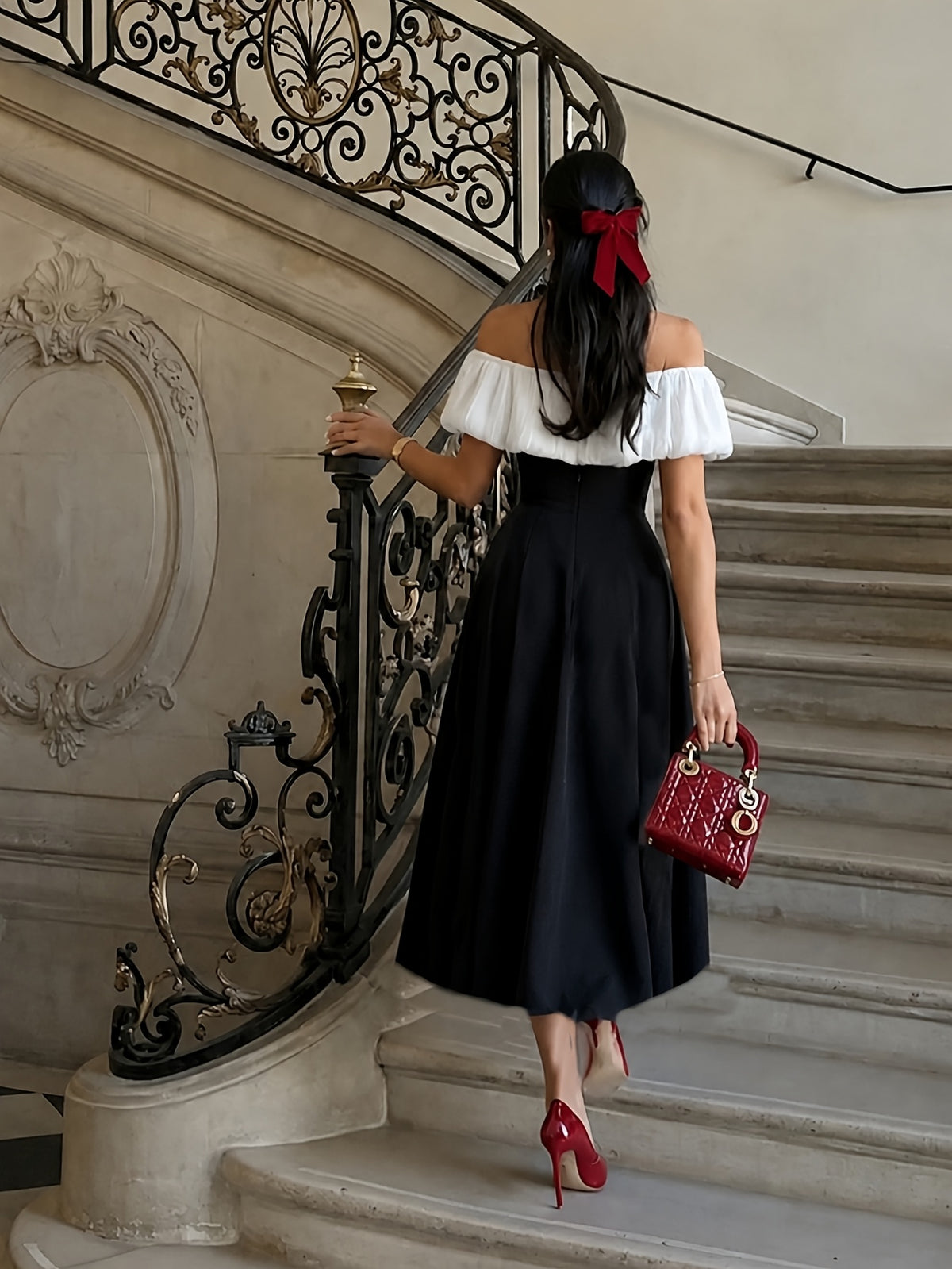 Targeted Elegant Women'S Clothing Floral Embellishment Off-Shoulder Dress - Black