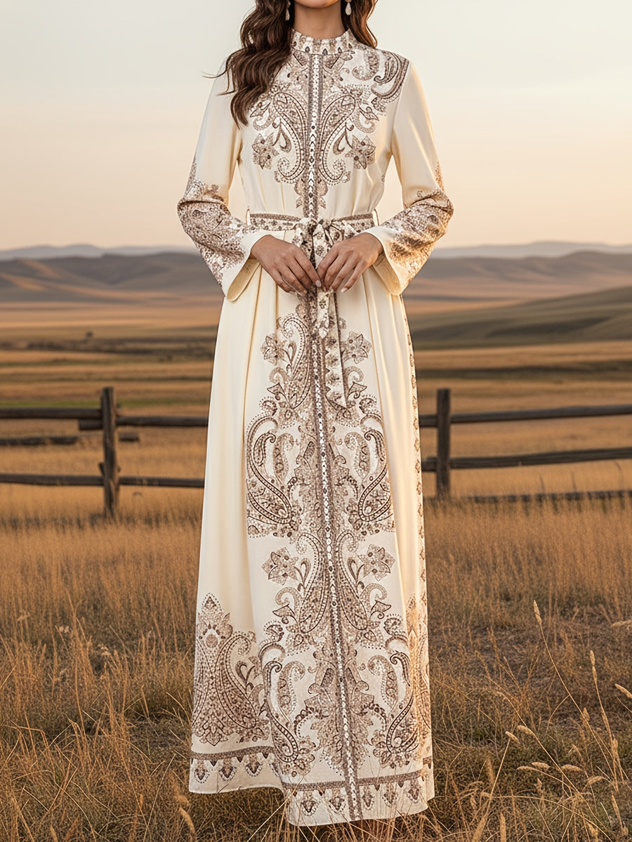 Evening Temperament Printed Dress for Women, Summer Tie-Up Bow Long Dress, for Wedding Guests - Apricot