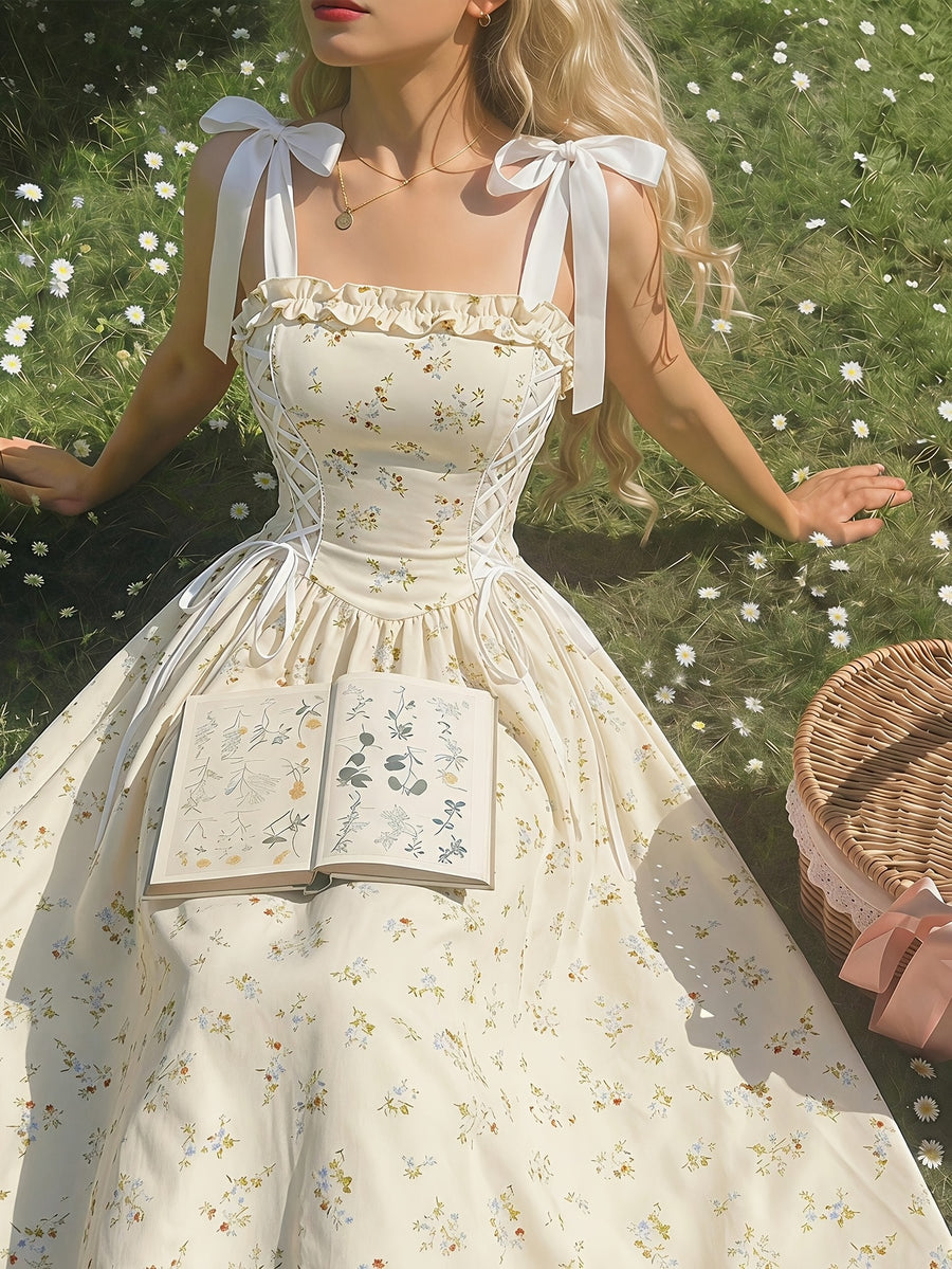 Sweet Floral Print Spaghetti Strap Tie-Up Dress, Waist-Cinching Flared Maxi Dress, Bow Strap Princess Dress, Elegant Vintage Pastoral Style - Cream Color