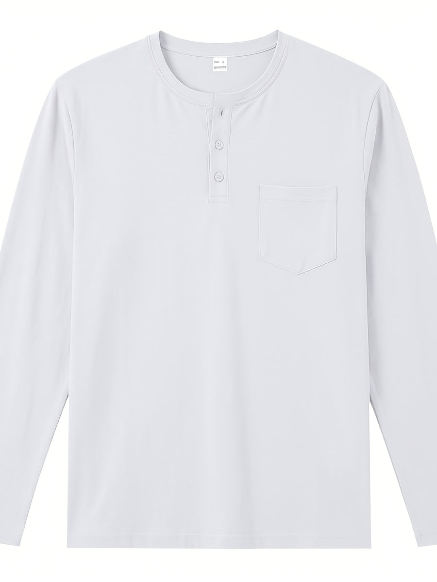 Men's Henley Neck Long Sleeve T-Shirt, Spring/Autumn Three-Button Casual Base Layer, Slim Fit Versatile Top with Left Chest Pocket - White