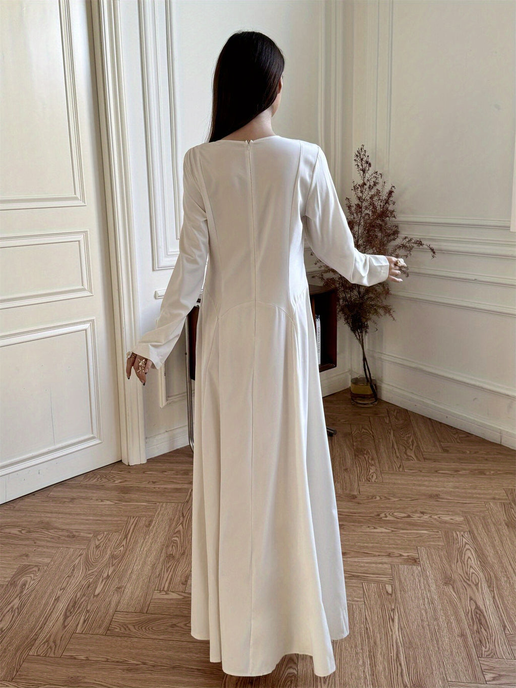 A-Line Dress in a Solid Apricot Color, Featuring Long Sleeves, Ideal for Casual Wear in The Spring And Autumn, Made from Fabric - Apricot