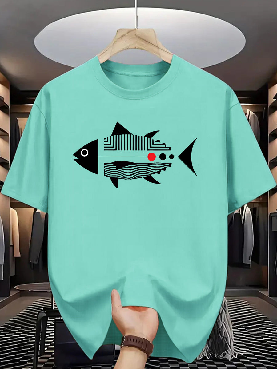 Trendy Printed T-Shirts for Men, Regular Standard Fit Comfortable Short Sleeve Casual Tee, Versatile Everyday Fashion Outfit Top - Lake Blue