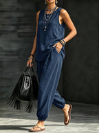 Women's Casual Vacation Solid Color 2pcs Set: Round Neck Top + Loose Fit Cuffed Pants - Navy Color