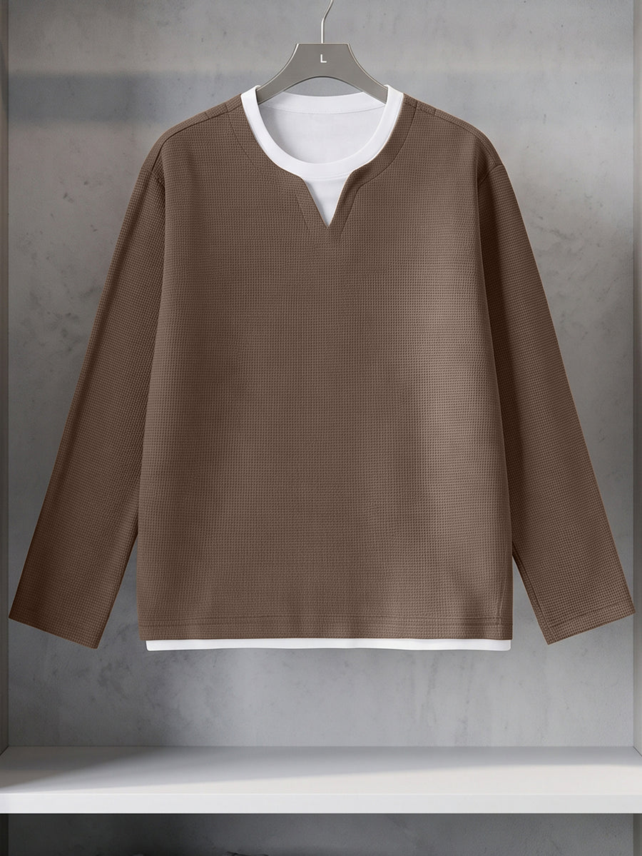 Men's Waffle Knit 2-in-1 Look Long Sleeve T-Shirt, Small V-Neck Patchwork Design, Breathable Textured Fabric Loose Fit, Daily Commute Home Casual Top, Versatile Spring and Autumn Base Layer for Inner or Outer Wear - Coffee Color