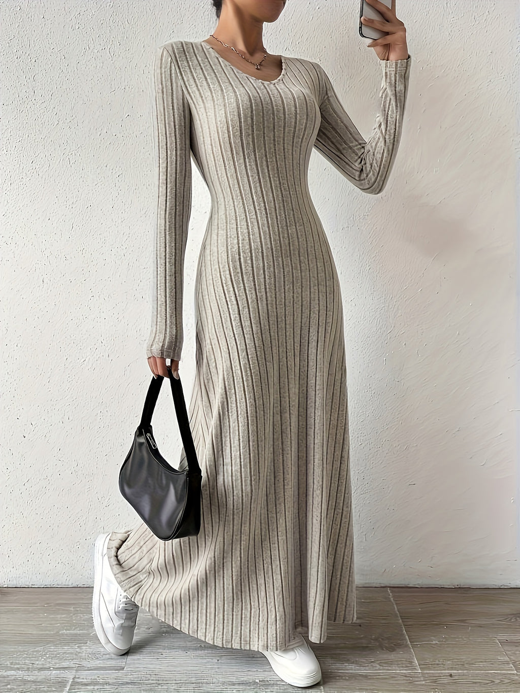 Women's Elegant V-Neck Long Sleeve A-Line Dress - Solid Color Machine Washable Fall Dress with Flattering Silhouette, Versatile for Casual & Formal Occasions, Long Sleeve Maxi Dress, Comfortable Fit - Khaki