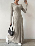 Women's Elegant V-Neck Long Sleeve A-Line Dress - Solid Color Machine Washable Fall Dress with Flattering Silhouette, Versatile for Casual & Formal Occasions, Long Sleeve Maxi Dress, Comfortable Fit - Khaki