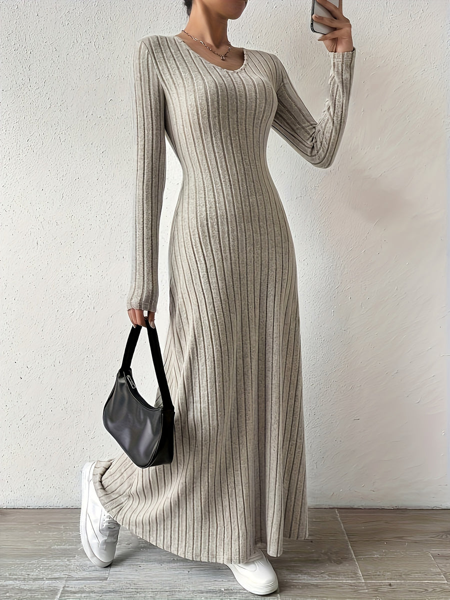 Women's Elegant V-Neck Long Sleeve A-Line Dress - Solid Color Machine Washable Fall Dress with Flattering Silhouette, Versatile for Casual & Formal Occasions, Long Sleeve Maxi Dress, Comfortable Fit - Khaki