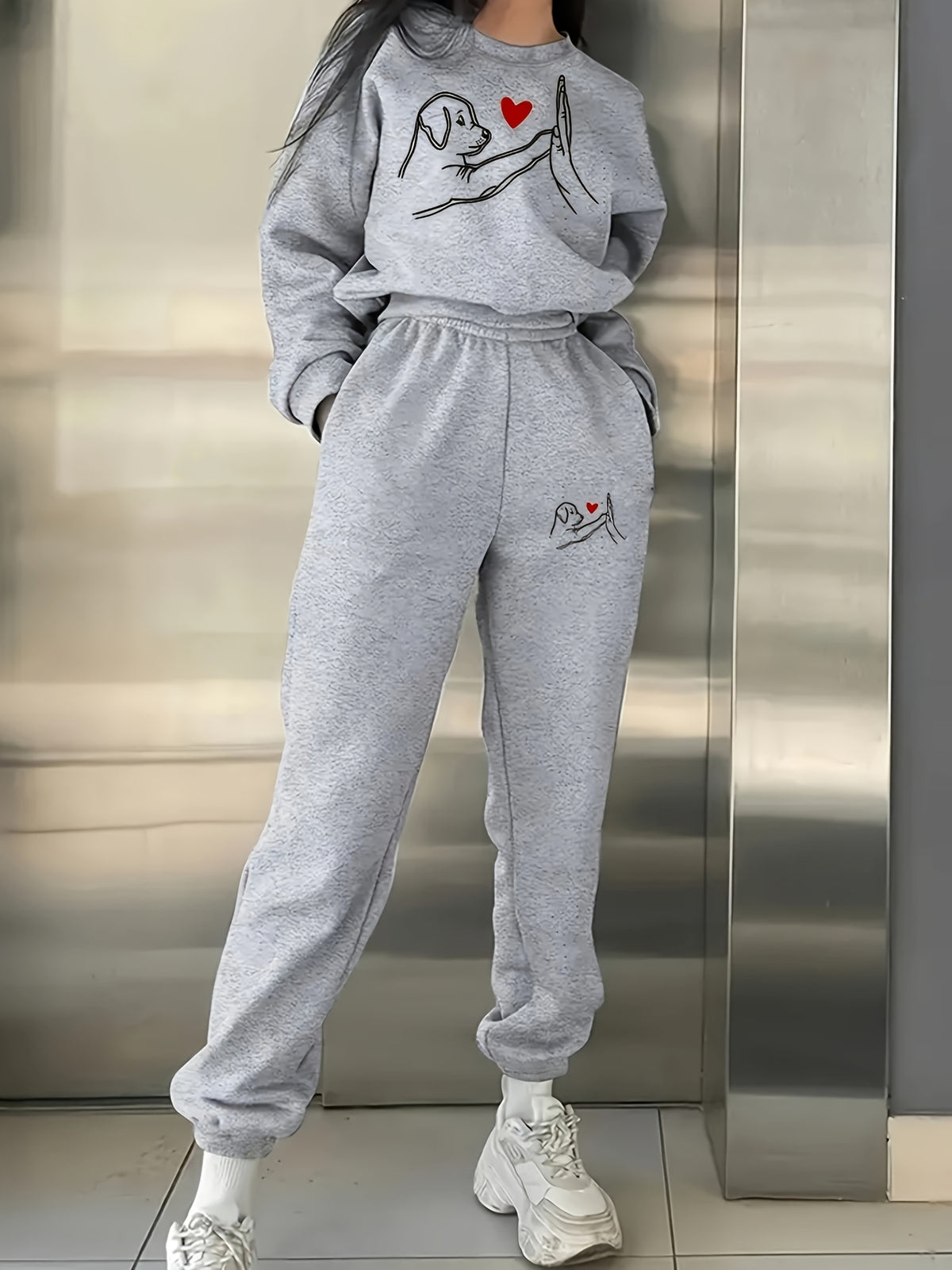 4444Z104 Round Neck Sweatshirt Print Two-Piece Set - Light Grey