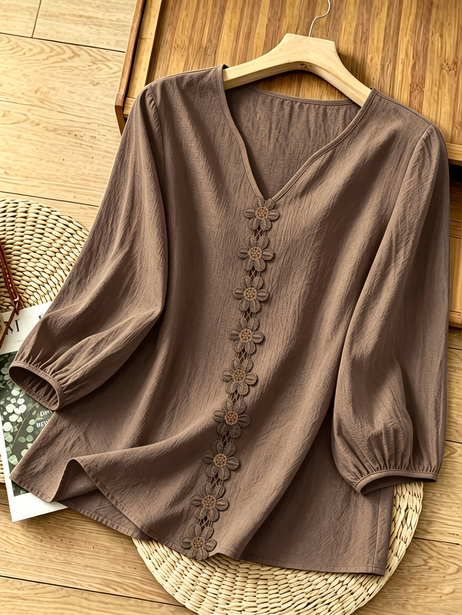 French-Style Gentle Textured Shirt with V-Neck, Lace Floral Design, Lantern Sleeves, Loose Fit, Relaxed Style, Versatile Daily Top - Dark Brown