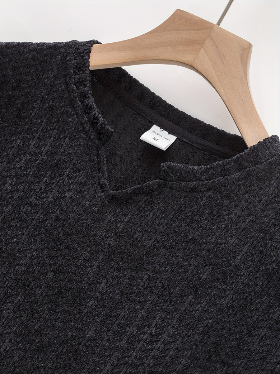 Men's New Fashion Casual V-Neck Long Sleeve Henley Shirt | High-Quality Men's Autumn/Winter Warm Sports Sweater | Perfect Christmas Gift for Boyfriend or Husband | Two-Tone Houndstooth Pattern Design | Thick and Warm | Ideal for Daily Casual - Black